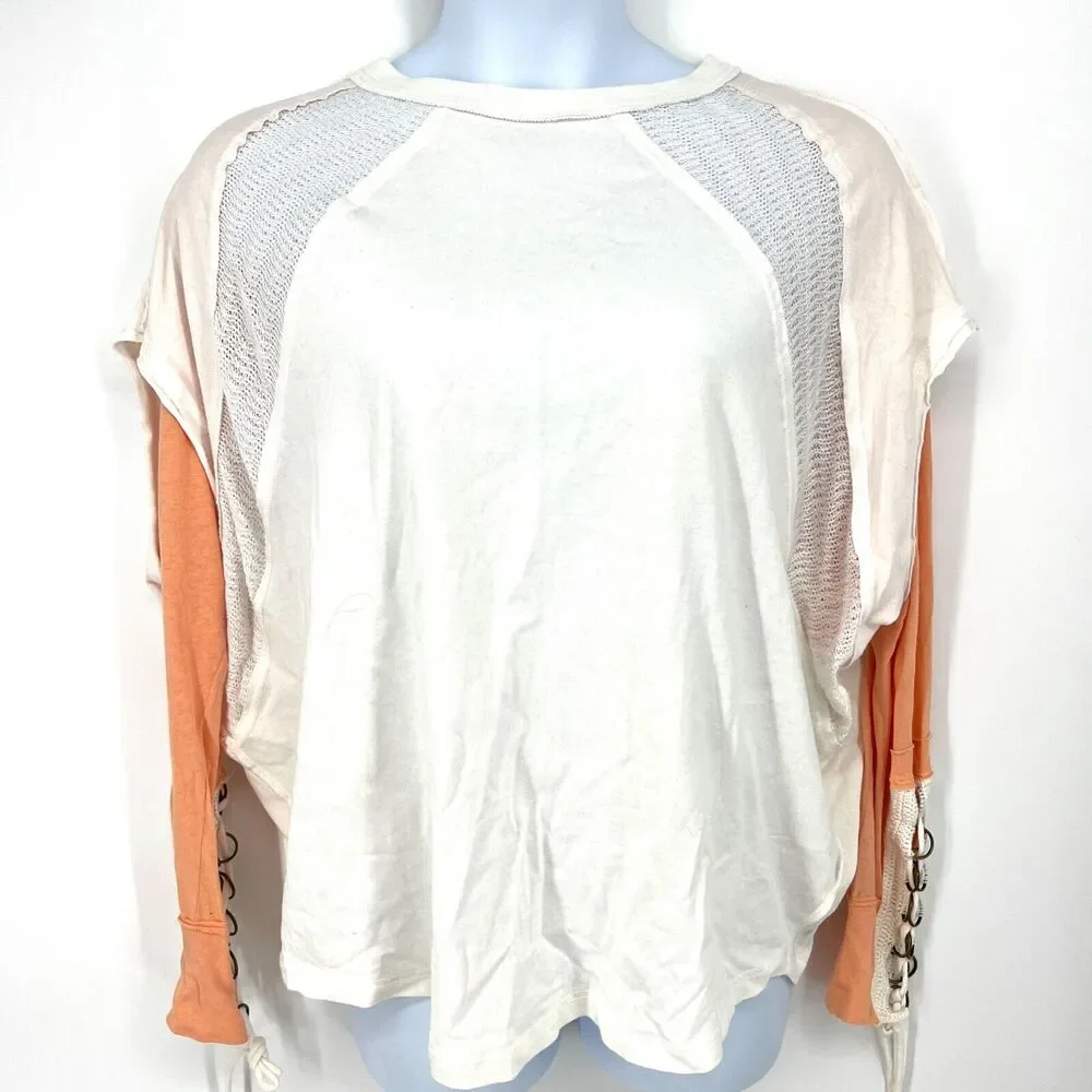 Free People Call Billie Tee 100% Cotton Chain Link Sleeve Detail White Peach S